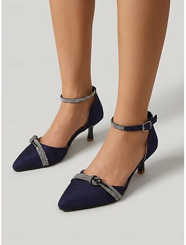  Elegante festpumps til kvinder - midnatsblå glitter-kittenhæle med spids tå og ankelrem med rhinsten til cocktailfest og aftenmiddag