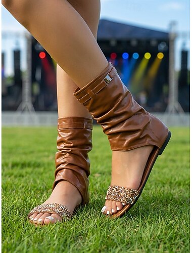  Sandales bohèmes marron souples pour femmes, style festival - chaussures plates western rock à bout ouvert et bride cheville ornée de strass, parfaites pour Coachella. &fête en plein air