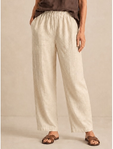  Damesbroek van 100% Europees linnen met wijde pijpen, middelhoge taille, lange zakken, elastische tailleband, vintage resort casual, blauw-wit-khaki