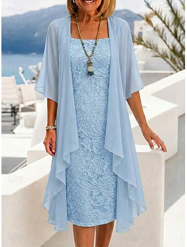  Mulheres Vestido no Joelho Vestido de renda Conjunto de vestido Elegante Moda Ao ar livre Festa Normal Tecido Manga 3/4 Gola Redonda Café marrom Rosa Azul Céu Roxo Verão Primavera