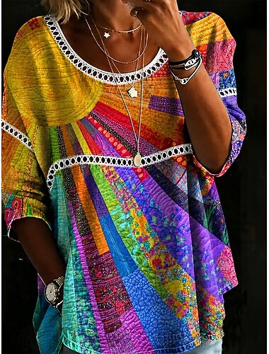  Жен. Ушко сверху Туника С принтом Цветочный принт Графика Винтаж Повседневные Стиль Рукав 3/4 Вырез под горло Обычные топы Повседневные Желтый Розовый Оранжевый Зеленый Лето Весна