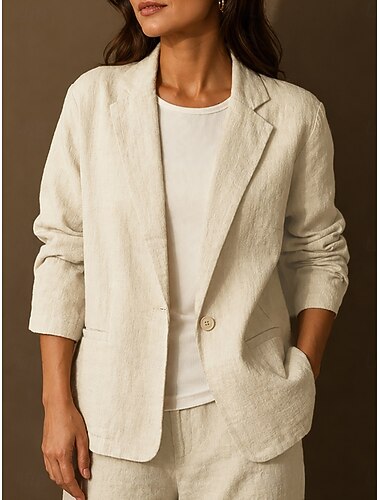  Per donna Camicia Camicie di cotone e lino Tasca Bottoni Tinta unica Elegante Casual Manica Lunga Bavero Top lunghi Casuale avena Rosa Estate Primavera