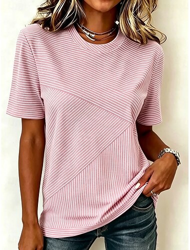  Per donna Maglietta Stampato A strisce Grafico A righe Elegante Classico Casual Manica Corta Girocollo Top Regolari Casuale Quotidiano Blu Rosa Viola Estate Primavera