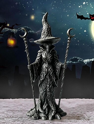  Statue de sorcière gothique d'Halloween, figurine de sorcière en résine avec bâton magique, sculpture de sorcier fantastique sombre, décoration de sorcellerie vintage, ornement de bureau mystérieux