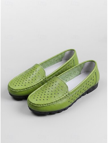  Grüne Damen-Fahrschuhe mit Lochmuster – atmungsaktive, weiche, perforierte Slipper aus Kunstleder mit flexibler, rutschfester Sohle, bequeme Mokassins zum Spazierengehen, Reisen und für den Alltag.