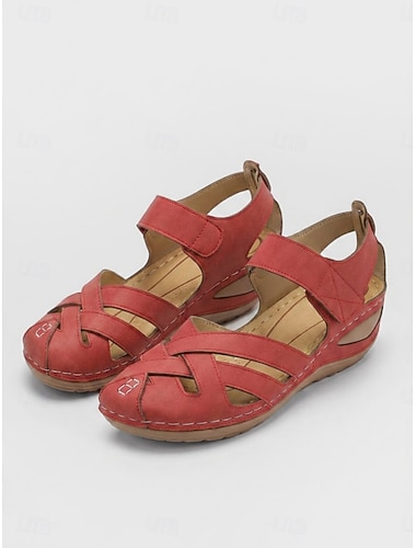  Sandálias femininas vermelhas de bico fechado estilo pescador – sandálias para caminhada com cabedal respirável em tecido vazado e fecho ajustável com velcro para conforto em viagens e no dia a dia.