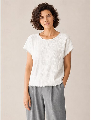  Mulheres Camiseta T-shirt Textura Côr Sólida Elegante Moda Manga Curta Gola Redonda Tops regulares Casual Diário Azul Branco Rosa Verão Primavera