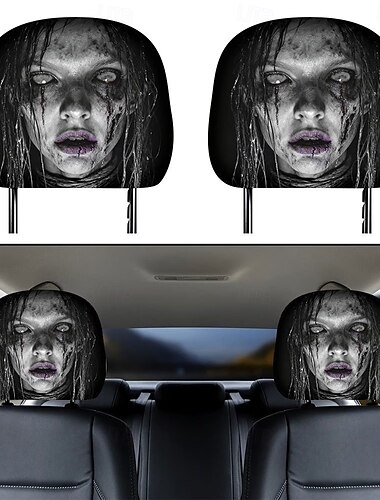  2/4 Stück Geister-Kopfstützenbezüge mit nassem Haar, gruselige Halloween-Kopfstützenbezüge, 2D-Flachdruck, universell passend für Pkw, SUVs und LKWs, dehnbares Material, elastisch, einfache Montage