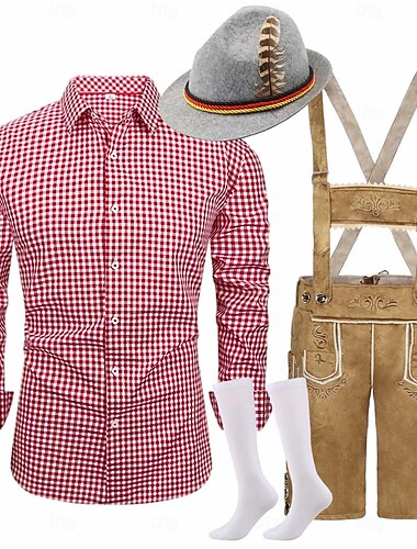  Oktoberfest Conjunto de Lederhosen Camisa chapéu tirolês Até os Joelhos Bordado Alemão Alpino Herança prados Homens Carnaval Festival da Cerveja Pano de Estilo Tradicional