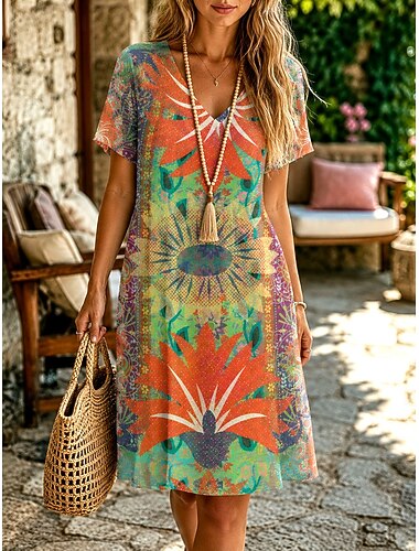  Dam Knälång klänning T shirtklänning A linjeklänning Semester Ledigt Boho Strand Normal Blommig Grafisk Kortärmad V-hals Blå Rubinrött Orange Sommar Vår