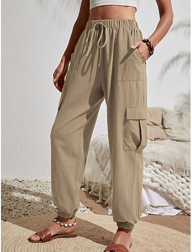 Damen Cargo-Hosen Chinos Urlaub Vintage Lässig Volle Länge Mittlere Taillenlinie Einfach Kordelzug Patchwork Tasche Komfort Weich Außenbereich Unelastisch Lässig Täglich Urlaub Dunkelblau Khaki
