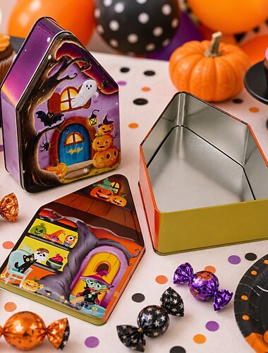  Halloween-blikkboks med hjemsøkt hus, oppbevaringsbeholder i metall med gresskar og flaggermus, dekorativ gaveboks med godteri, tom emballasjeboks til festgaver, godbiter, små gaver og halloween-dekor
