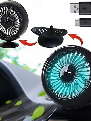  Ventilador USB para coche, para salpicadero, ventilador portátil de 3 velocidades con luz LED ambiental de colores, enfriador de aire silencioso giratorio 360° para coche, camión, SUV, oficina,