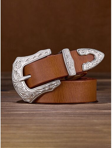  Heren western cowboy riem, echte volnerf lederen riem voor mannen, vintage gegraveerde zilveren gesp, casual tailleband, verstelbare lengte, rodeo jeans accessoire, meerdere kleuren zwart bruin