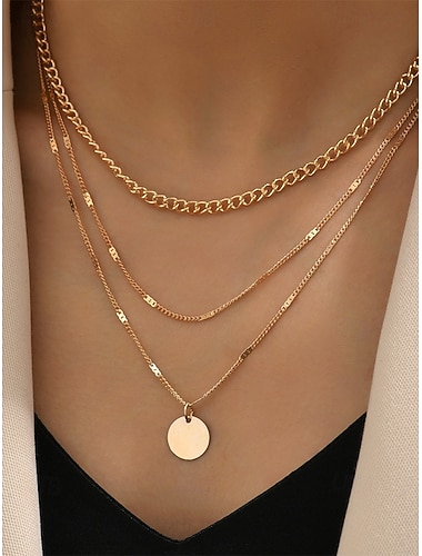  Damesketting met ronde schijfhanger in goud-zilveren lagen, minimalistische meerlaagse ketting van legering, elegante ketting voor elke dag, geschikt voor vakantie, werk, feestjes en als cadeau.