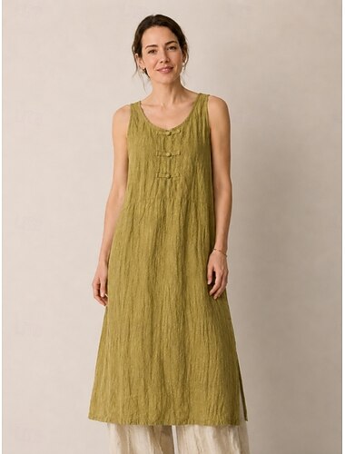  Vestido midi feminino sem mangas com decote em V, em algodão e linho.