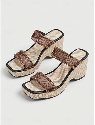  Sandálias femininas de plataforma com strass brilhantes e detalhes em tela - modelo mule espadrille marrom com duas tiras, perfeitas para cruzeiros, festas na piscina e muito mais. &roupa de resort
