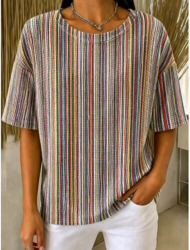  Femmes Tee-shirt Gaufre Tops tricotés texturés Graphique Géométrique Rayé Élégant Classique Manche Courte Col ras du cou Hauts Réguliers Occasionnel Quotidien Bleu Jaune Marron clair Orange Ét