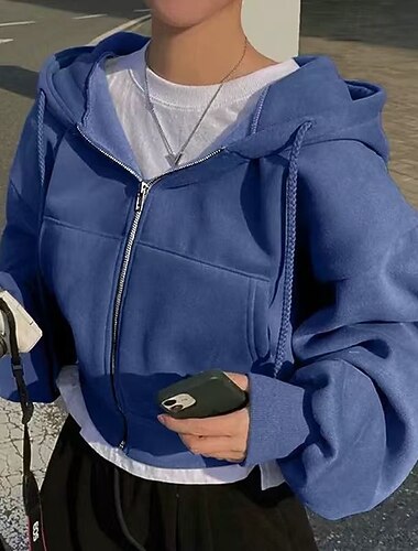  Mulheres Cor Sólida Casaco com capuz Moletom com zíper Suéter casual com capuz Primavera Outono Bolsos Com capuz Manga Longa A Prova de Vento Quente Da Moda Equitação Corrida Viagem Férias Branco