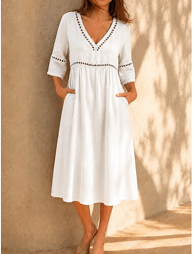  Mujer Vestido Midi Vestido de encaje blanco Vestido de una línea Vestido de verano Casual Playa Vacaciones Ajuste regular Plano Media Manga Escote en Pico Azul Piscina Blanco Azul Real Verano