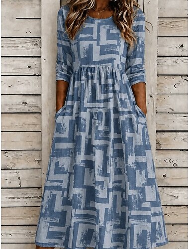  Ostern Damen Midikleid Shiftkleid Urlaub Lässig Boho Täglich Sommerkleid Frühlingskleid Normale Passform Grafik Geometrisch Halbarm Rundhalsausschnitt Blau Dunkelbraun Sommer Frühling