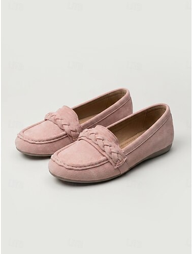  Rosa Damen-Loafer aus Wildlederimitat mit geflochtenem Riemen – bequeme, lässige Mokassins zum Hineinschlüpfen, ideal für Reisen, den Alltag und Business Casual.