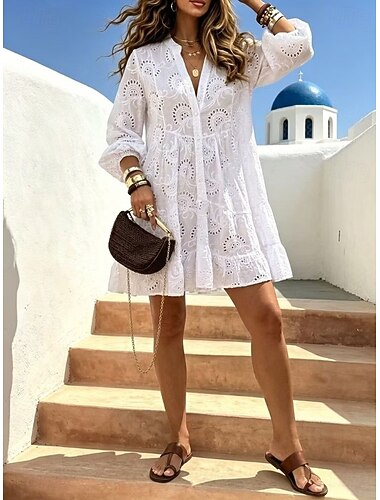  Dames Mini-jurk Kanten jurk Zonnejurk A lijn jurk Zomerjurk Vakantie Casual Boho Strand Feestdagen Afspraakje Effen Lange mouw V-hals blauw Wit Zomer