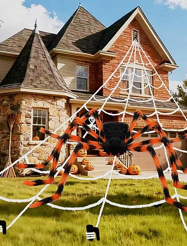  Ragnatela di Halloween da 200" + decorazioni a forma di ragno grande da 49", ragnatela triangolare gigante e ragno finto peloso e spaventoso per interni ed esterni, veranda, giardino, casa stregata,