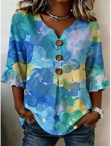  Dames Blouse Knop Afdrukken Ombre Bloemig Grafisch Vintage Stijlvol 3/4 mouw Strakke ronde hals V-hals Normale tops Casual Dagelijks Uitgaan Groen En Blauw Blozend Roze Paars Zomer Lente Herfst Winter