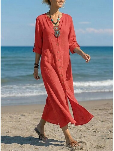  Dames Maxi-jurk Linnen jurken Vintage Dagelijks Ruim Passend Heldere kleur Lange mouw V-hals Rood Zomer