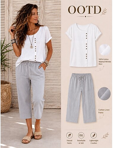  Damen Caprihose Hose aus Baumwollleinen Chinos Sommershorts Urlaub Basic Lässig Wadenlang Hohe Taille Einfach Tasche Elastischer Bund Bequem Komfort Weich Dehnbar Täglich Outdoor Straße Marineblau