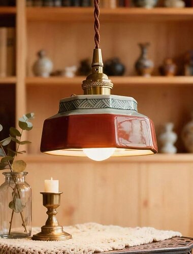  Liten pendellampe med grønt glass, blått og hvitt porselen, rød keramisk pendellampe, moderne nordisk lampe for spisestue, soverom, kjøkken, kjøkkenøy, gårdshus, kafé
