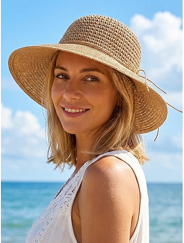  Sammenleggbar sommerhatt med bred brem for kvinner, pustende solhatt for strandferie i beige og khaki, perfekt for hagefest, utendørs fritid, sommerbeskyttelse
