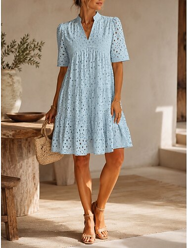  Mulheres Vestido no Joelho Vestido Recortado Elegante Diário Ajuste Largo Cor imaculada Manga Curta Decote V Azul Claro Preto Branco Rosa Verão
