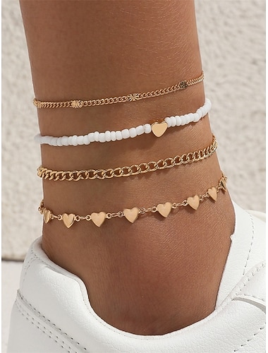  Dames enkelbandjesset van 4 stuks in boho-stijl, goudkleurige legering enkelbandjes met hartvormige bedeltjes en witte kralen, zomerse strandvakantie sieraden voor vrouwen