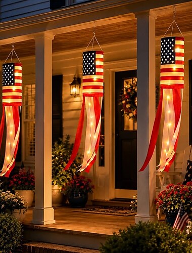  3 st lyktor med amerikansk flagga för 250-årsjubileum med LED-lampor, patriotiska utomhusdekorationer för trädgård, veranda, uteplats, träd, självständighetsdagen-festdekor