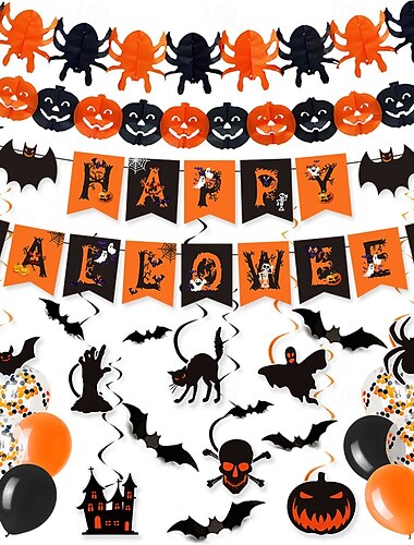  Halloween-Deko-Set für Partys, „Happy Halloween“-Banner, Girlanden, Papierfächer, Kürbisgirlande, Fledermaus, Geist &Spinnennetz-Dekoration für Zuhause, Klassenzimmer, Schule, Halloween-Partys drinnen