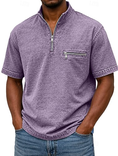  SoftFade™ Polo da Uomo Shirt Acid Wash Casual Lavoro Mezza Zip Collo Polo Ribbed Breve Manica Moda Elegante Base Piana Zip Tasca Estate Primavera Blu Viola Blu Navy Verde