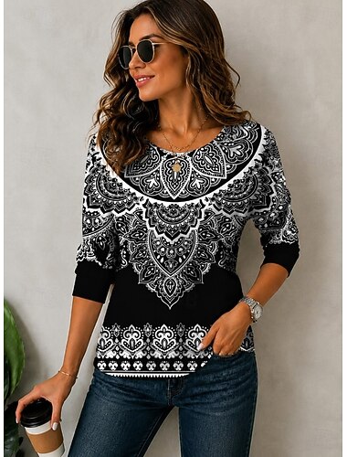  Dames T-shirt Afdrukken Grafisch Paisley Modieus Stijlvol Klassiek Lange mouw Strakke ronde hals Lange tops Casual Dagelijks Weekend blauw Zwart en wit Zwart Donkergroen Lente Herfst