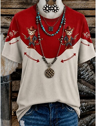 Dames western boho T-shirt met bloemenprint, geometrische vormen, vintage stijl, casual, korte mouwen, ronde hals, lange top, geschikt voor dagelijks gebruik en weekenden, in blauw, zwart, rood,