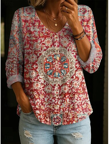  Damen Bluse Knöpfe Druck Grafik Geometrisch Vintage Täglich Stilvoll Langarm V Ausschnitt Normale Oberteile Lässig Täglich Rote Sommer Frühling