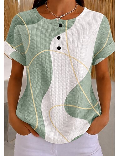  Tops en tricot texturé en gaufre pour femmes T-shirt dégradé graphique géométrique élégant classique à manches courtes col rond Henley hauts réguliers sports quotidiens noir et blanc vert clair kaki