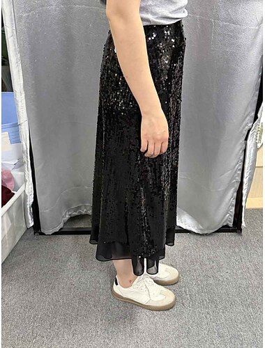  Dames Kokerrok A-lijn rok Elegant Midi Medium Taille Rokken Pailletten Ruche Micro-elastisch Club Feest Zwart Lente