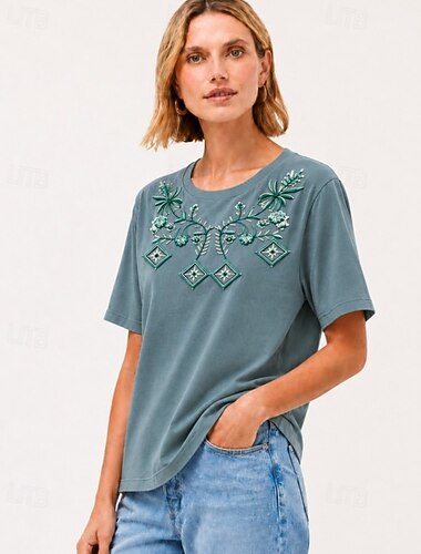  t-shirt da donna ricamata 100% cotone top estivi geometria elegante vintage tropicale manica corta girocollo girocollo top lunghi casual quotidiano spiaggia verde salvia