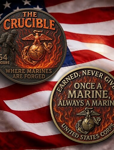  USMC Challenge Coin – eens een marinier, altijd een marinier. Herdenkingsmunt, eerbetoon aan veteranen van het Amerikaanse Korps Mariniers, verzamelobject, militair aandenken voor mariniers en