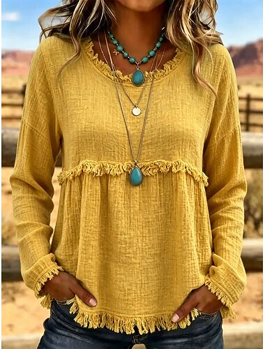  Damesblouse met franjes, boho-stijl, peplum, rafelige rand, textuur, lange mouwen, westernstijl, casual