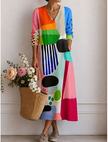  Per donna Abito Midi Vestito Estivo Vestito Casual Abito a trapezio Vacanza Elegante Casual Ferie Vestibilità regolare Grafico Geometrico Manica Lunga Scollo a V Nero Rosa Arancione Estate Primavera