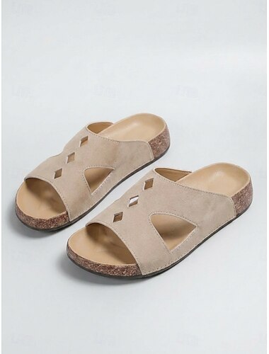  Sandalias planas marrones para mujer con plantilla cómoda: sandalias sin cordones de punta abierta con plantilla acolchada, suela ligera antideslizante y diseño con recorte para un ajuste ancho,