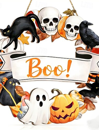  Décorations d'Halloween : panneau de porte suspendu « Joyeux Halloween », panneau de porte en bois avec fantôme, chauve-souris, chat noir, citrouille et crâne, couronne de bienvenue rustique pour