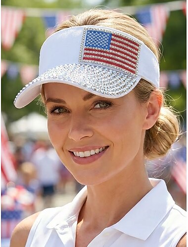  Gorra visera patriótica para mujer con pedrería, visera de poliéster ajustable de parte superior abierta, gorra de verano adornada con la bandera de EE. UU. multicolor para el 4 de julio, Día de la